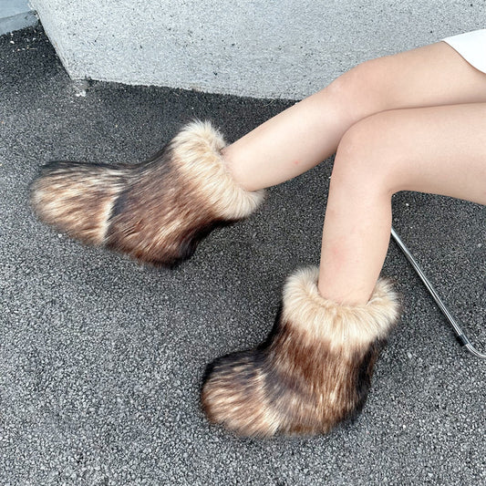 Solid Black Women Designer Snow Boots Metal Classic Furry Winter Warm Ankle Boots For Women