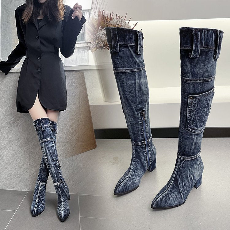 New High Heel Denim Women Knee High Boots