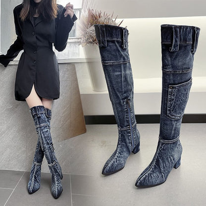 New High Heel Denim Women Knee High Boots