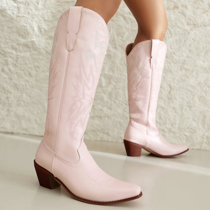 Lightning Embroidery Knee-High Boots for Women | Chunky Heel PU Leather Statement Boots