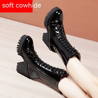 Womens Winter Mid Calf Boots Round Toe Zip Platform Lace Up Warm Boots For Women Comfortable Female Shoes