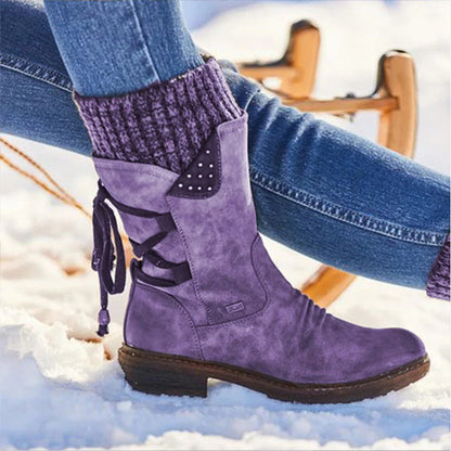Women’s Mid-Calf Snow Boots | Martin-Inspired Microfiber Winter Boots with Rhinestone Accents