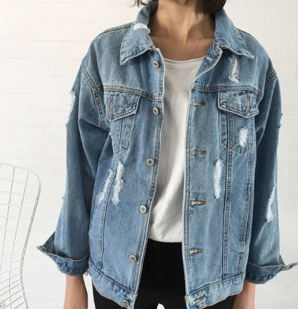 Women Frayed Ripped Denim Jacket