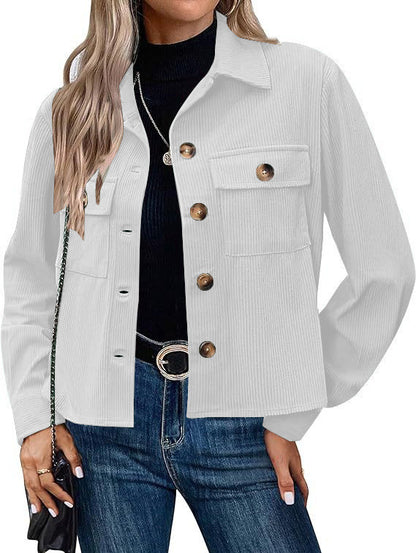 Women’s Corduroy Button Cropped Jacket – Long Sleeve Polyester Coats & Jackets 2025