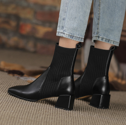 Women's Knitted Ankle Sock Boots – Elegant Chunky Heel Square Toe Booties