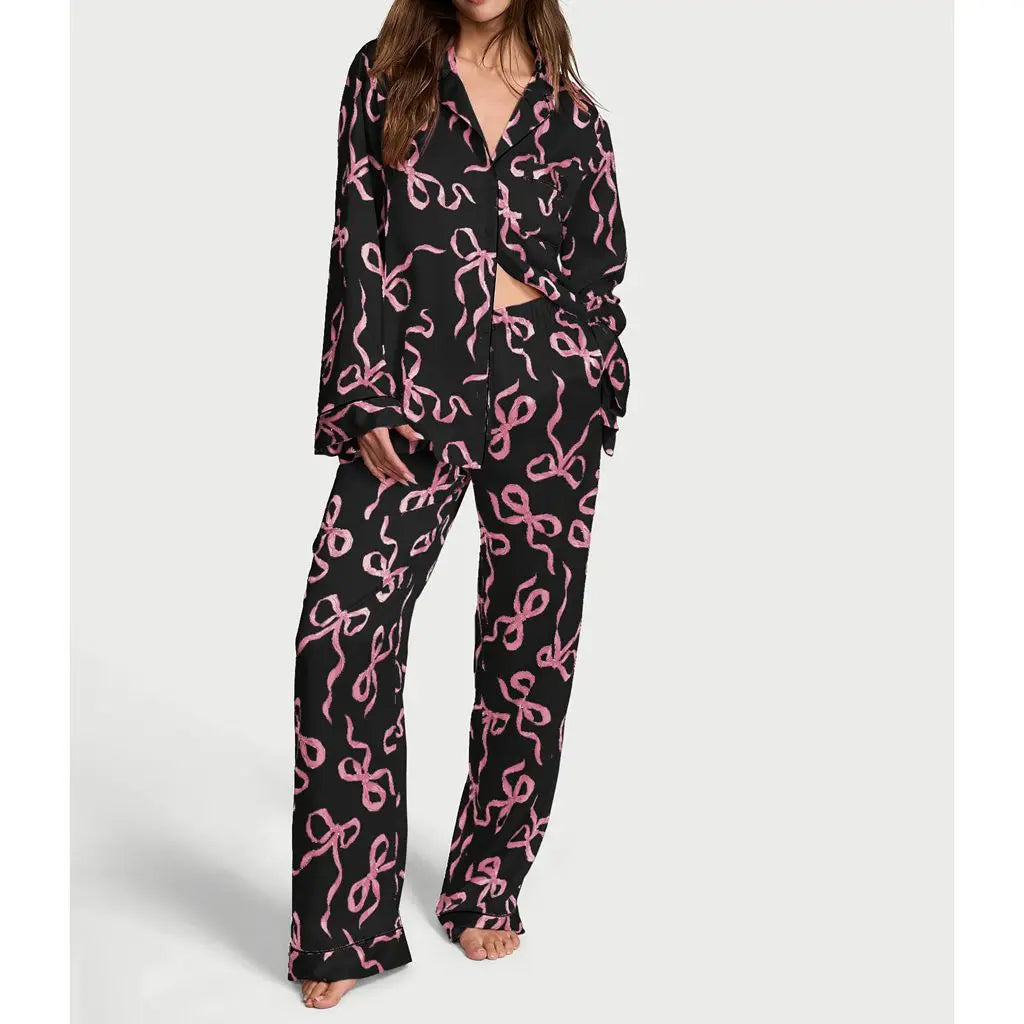 Women's Satin Pajama Set – 2-Piece Star Print Loungewear with Lapel Shirt & Elastic Waist Pants