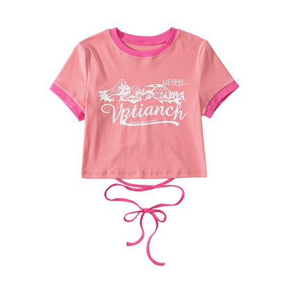 Women’s Print Front Contrast Trim Crop Tee – Y2K Streetwear Lace-Up Back Top