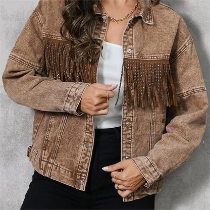 Women’s Tassel Lapel Jacket Coat – Brown Cotton Street Fashion Coats & Jackets 2025