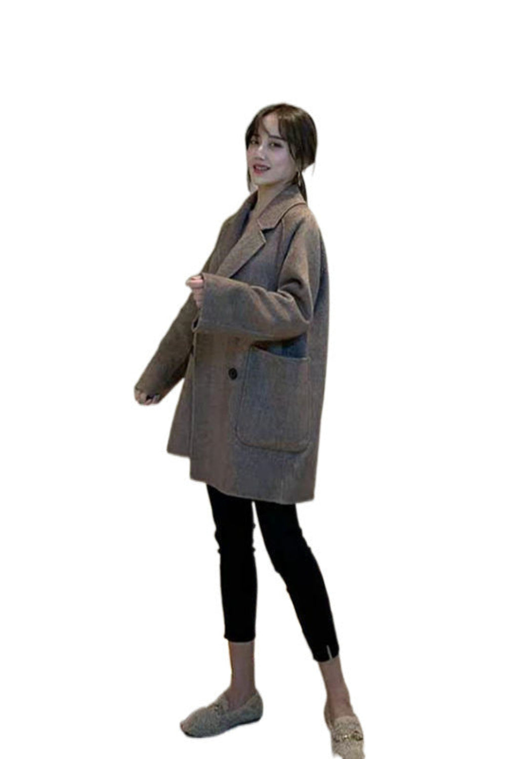 Person wearing a brown coat on a white background
