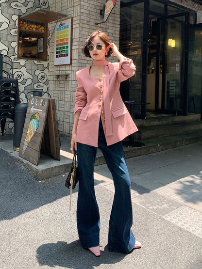 Korean Style Suit Jacket for Women – Pink Belted Blazer | Elegant Commute Coats 2025