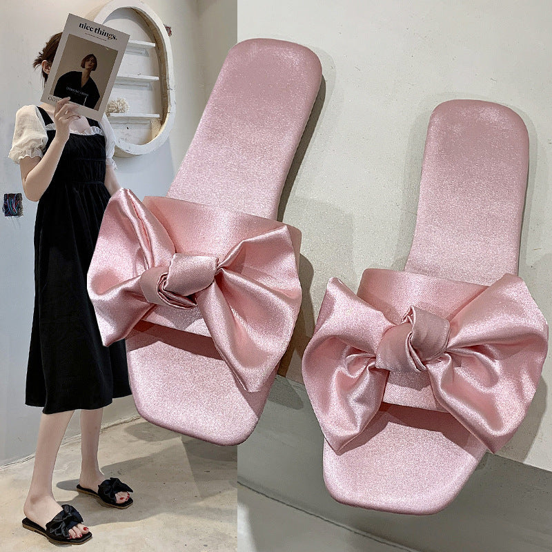 Womens Elegant Silk Bow Summer Slippers