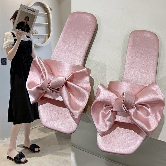 Womens Elegant Silk Bow Summer Slippers