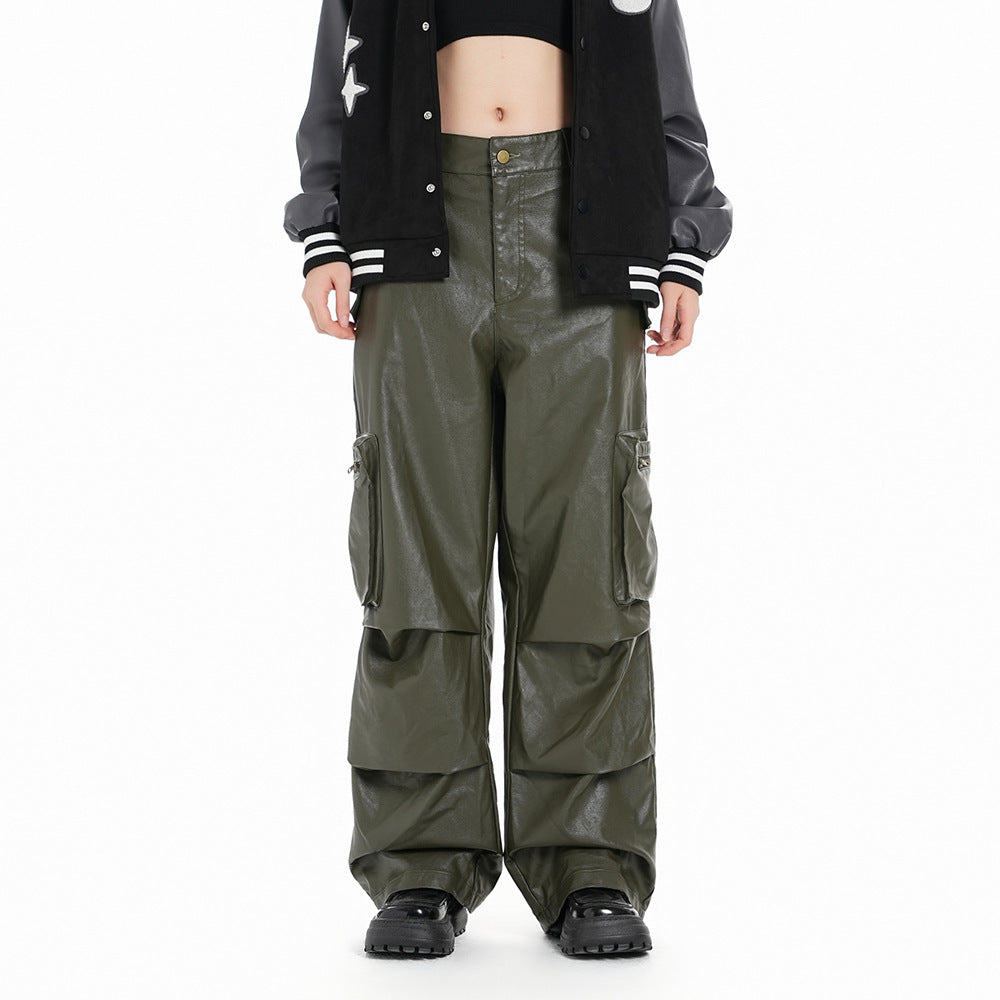 Tooling PU Leather Trousers – Mid-Waist Straight-Leg Unisex Pants