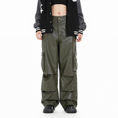 Tooling PU Leather Trousers – Mid-Waist Straight-Leg Unisex Pants