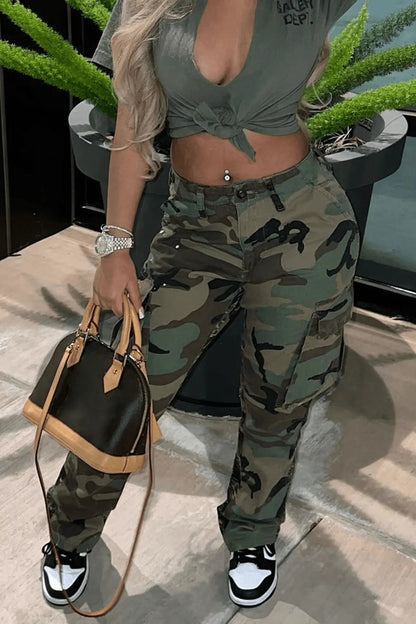Casual High Waist Straight Leg Camouflage Pants For Women