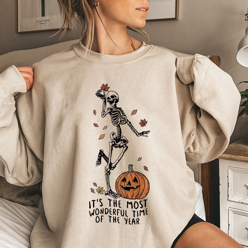 Halloween Skeleton Pumpkin Sweatshirt – Casual Loose Printed Pullover for Women