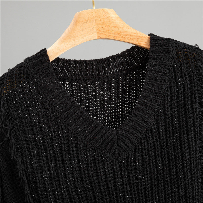 Loose V-neck Tassel Female Idle Style Long Sleeve Pullover Top