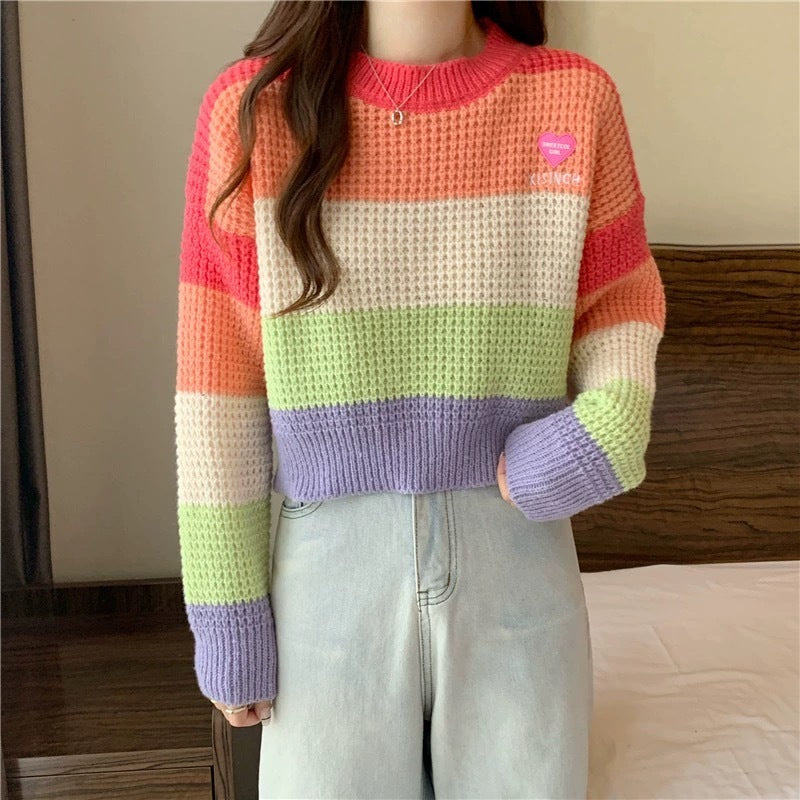 Bold Rainbow Stripe Color Block Knit Pullover Sweater