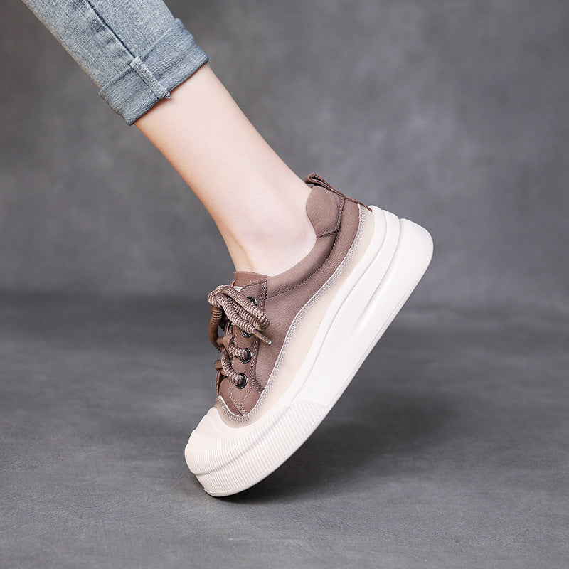 Chunky Bottom Cow Leather Lace Up Slip On Women Shoes
