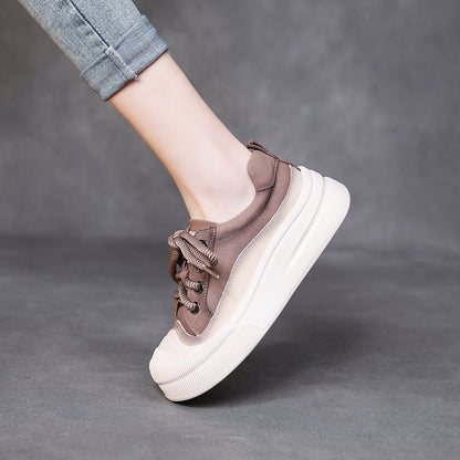 Chunky Bottom Cow Leather Lace Up Slip On Women Shoes