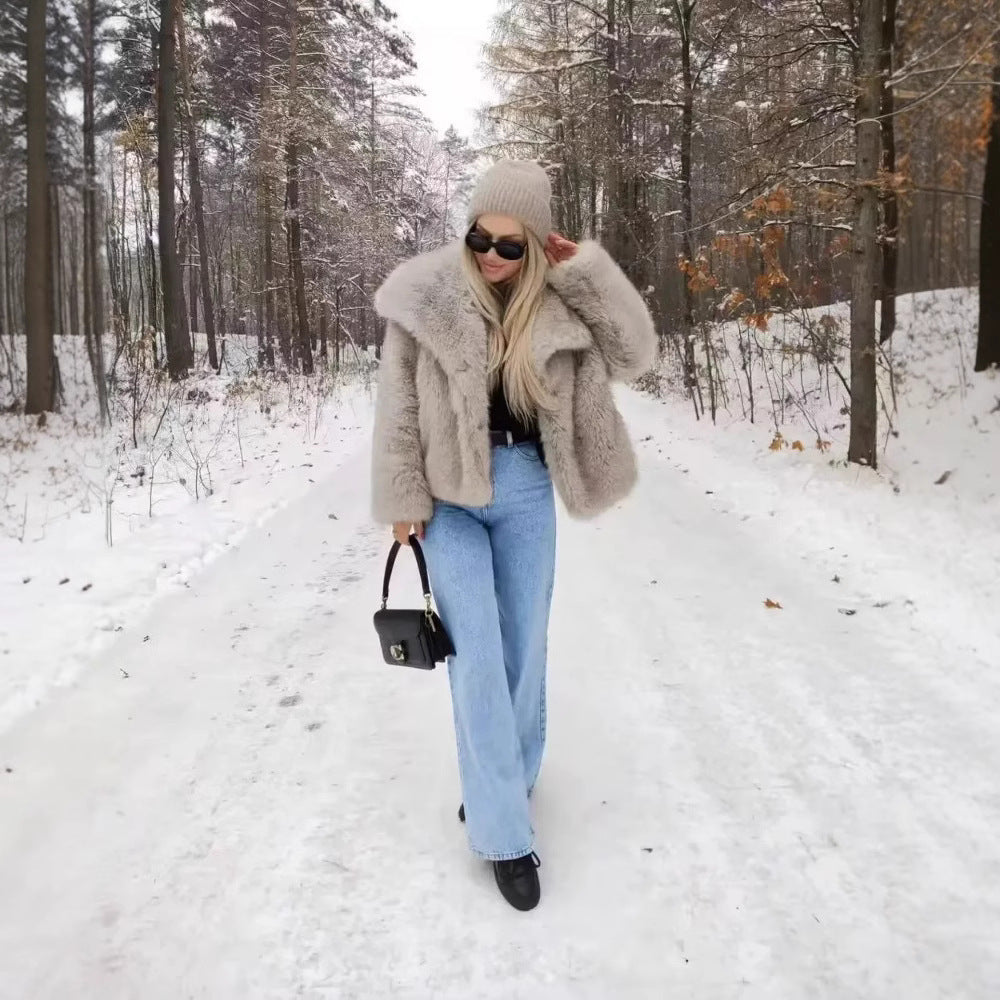 Elegant Women Collarless Thick Faux Fur Coats