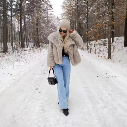 Elegant Women Collarless Thick Faux Fur Coats