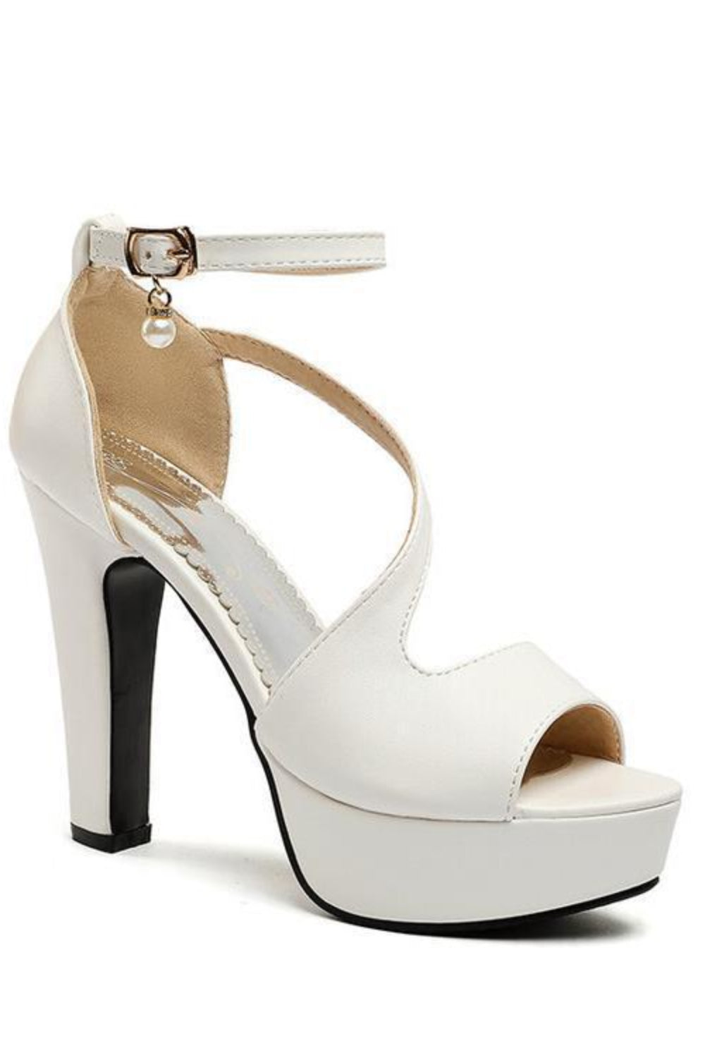 White high-heeled sandal with a platform on a white background