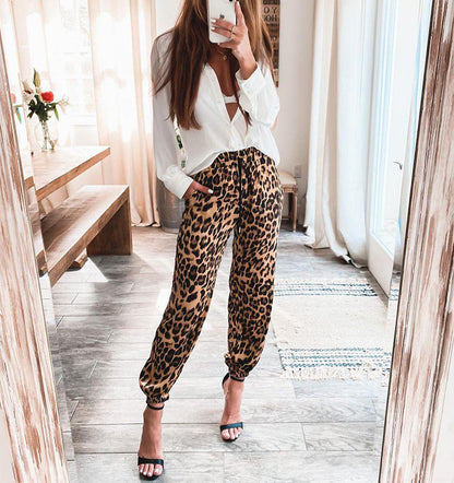 Leopard Print Casual Wide-Leg Trousers – Elastic Waist Women’s Pants