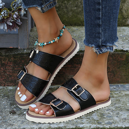 Big Buckle Pu Leather Flat Women Slippers