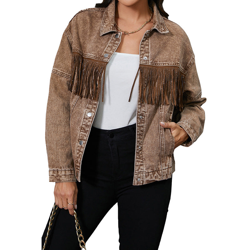 Women’s Tassel Lapel Jacket Coat – Brown Cotton Street Fashion Coats & Jackets 2025