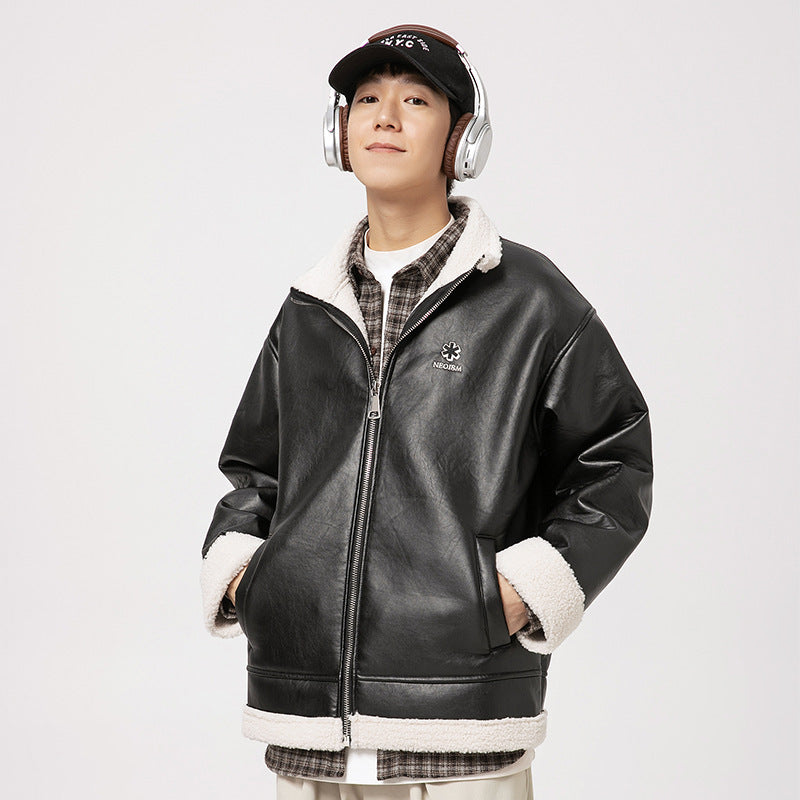 Lambswool-Lined PU Leather Bomber Jackets – Women Winter Street Style Outfits