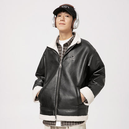 Lambswool-Lined PU Leather Bomber Jackets – Women Winter Street Style Outfits