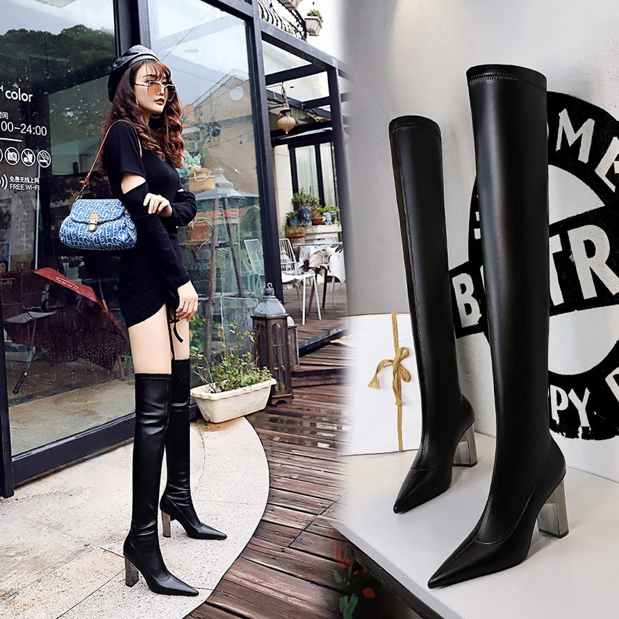 Womens Pointed Toe Knee High Boots Square Heels Retro Sewing Design For Winter 2025