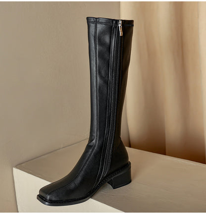 Vintage Knee-High Boots for Women | Thick-Heeled Knight Boots with Side Zipper