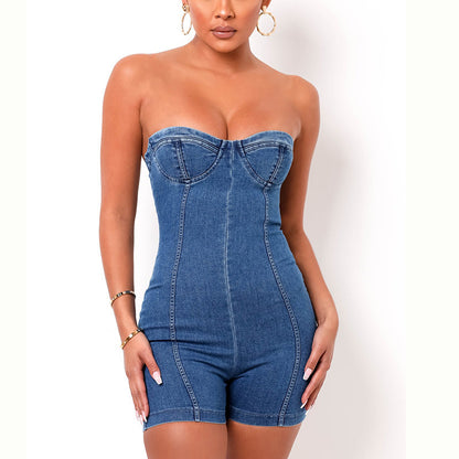 Back Tube Top Suspender Denim Jumpsuit for Women – Trendy High-Waist Casual Outfit