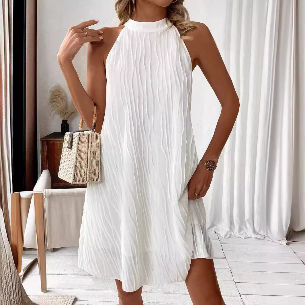 White Halter Backless Dress | Mid-Length Summer Dress & Elegant Vacation Outfit