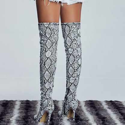 2025 Fashion Over The Knee Boots For Women Sexy Snake Pattern Leather Boots With Square Head Pleated High Heels
