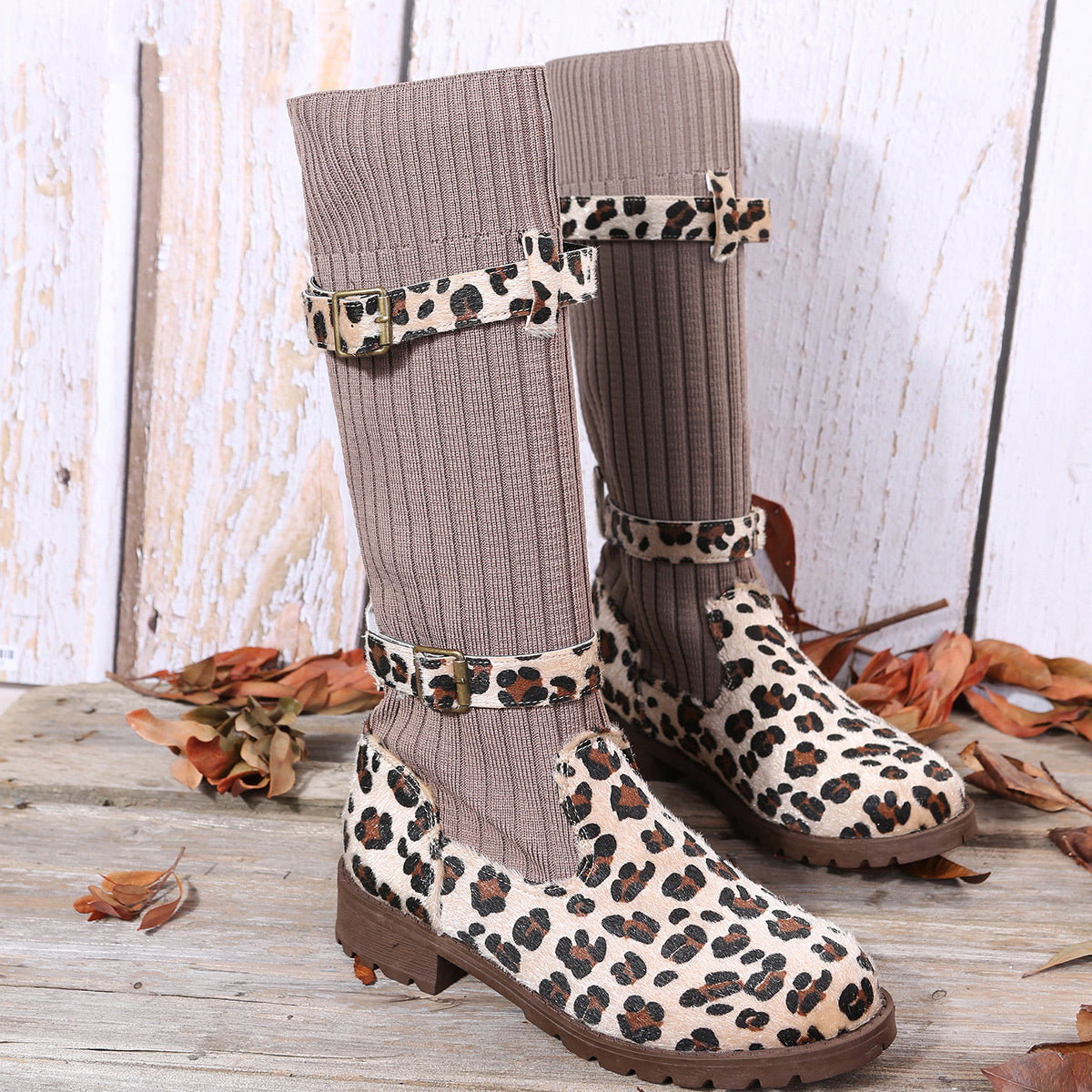 Leopard Print Winter Mid-Calf Boots for Women | Roman-Inspired Flat Heel Fashion Boots