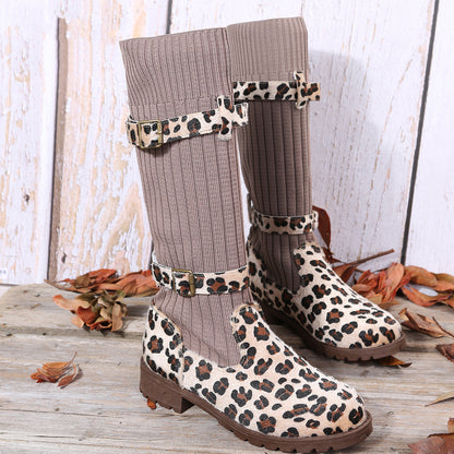 Leopard Print Winter Mid-Calf Boots for Women | Roman-Inspired Flat Heel Fashion Boots