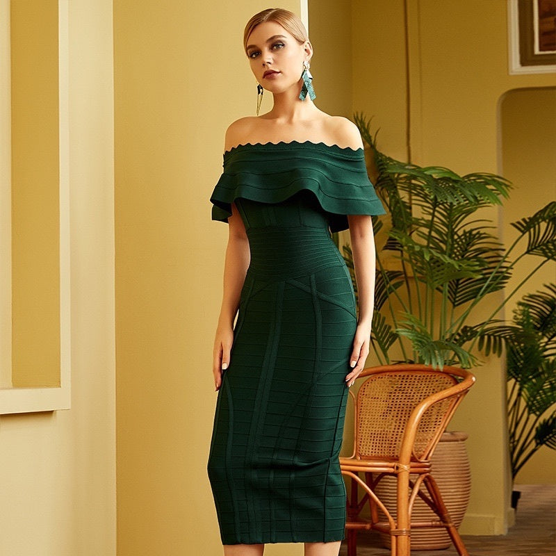 Green Off-Shoulder Bandage Dress | Elegant Party & Evening Dress for Women