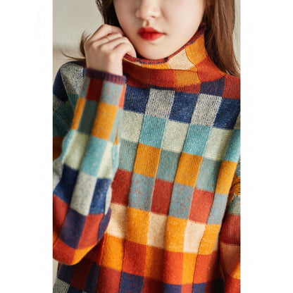 Womens Thick Plaid Turtleneck Sweaters