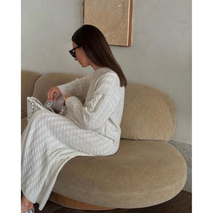 Monochromatic Round Neck Merino Wool Women Long Sweater Dress