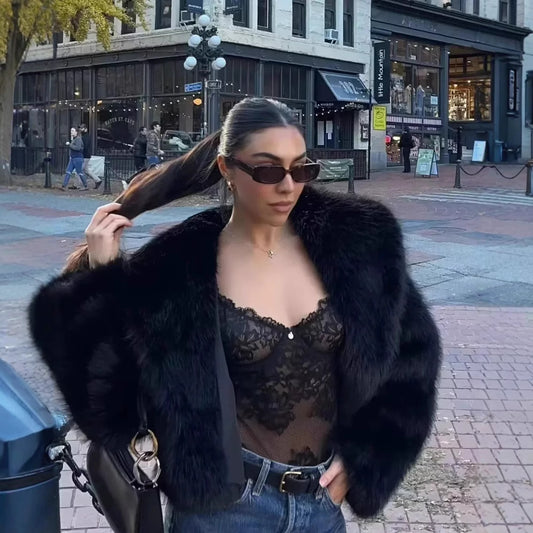 Elegant Women Collarless Thick Faux Fur Coats