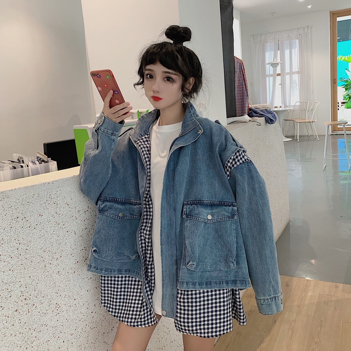 Long Sleeve Crop Top Belted Design Women Spring Denim Jackets