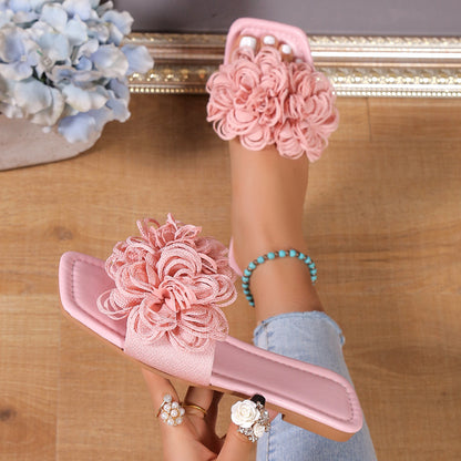 Pink Flower Design Super Comfort Flat Slipper For Women
