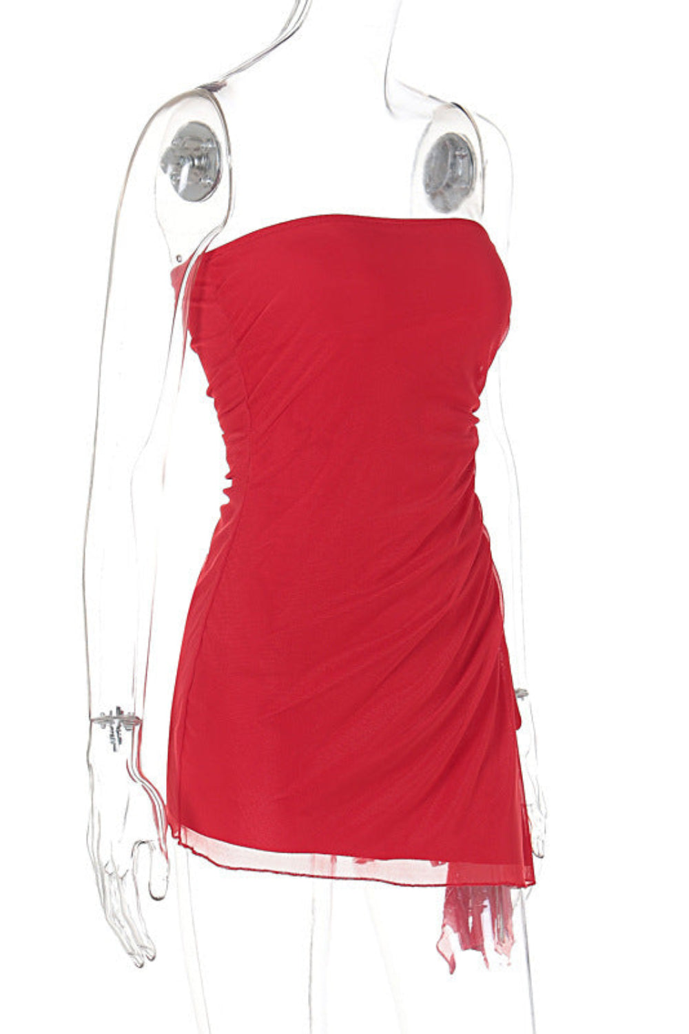 Red strapless dress on a clear mannequin with a white background