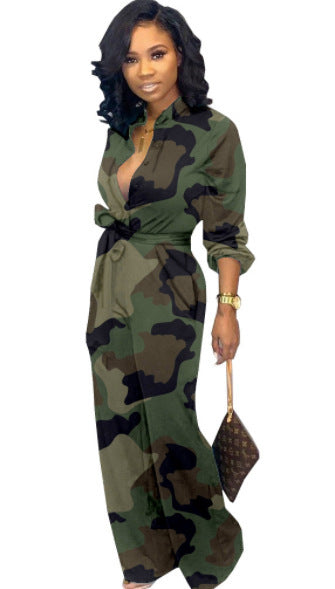 Womens Camouflage Long Sleeve Wide Leg Autumn Jumpsuit Rompers