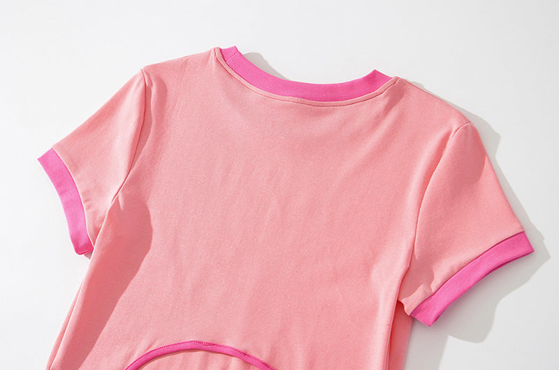 Women’s Print Front Contrast Trim Crop Tee – Y2K Streetwear Lace-Up Back Top