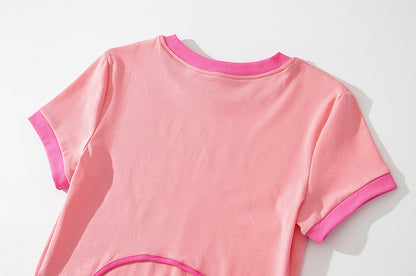 Women’s Print Front Contrast Trim Crop Tee – Y2K Streetwear Lace-Up Back Top