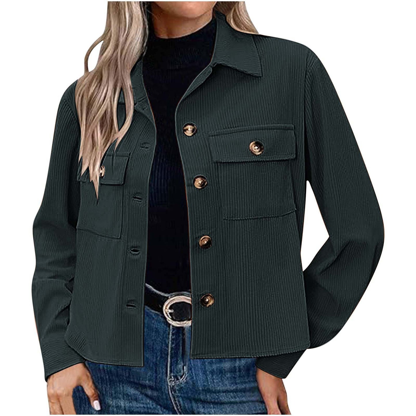 Women’s Corduroy Button Cropped Jacket – Long Sleeve Polyester Coats & Jackets 2025